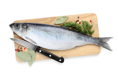 Salted herring, spices and knife on white background, top view