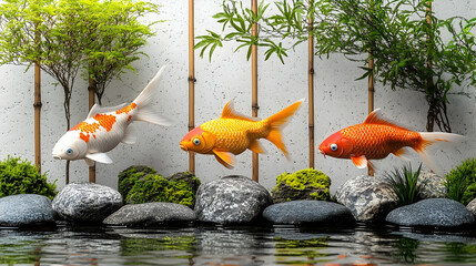 Colorful koi fish swimming gracefully in a serene garden pond surrounded by lush greenery