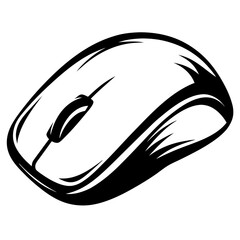 A stylized black and white image of a modern computer mouse