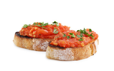 Tasty bread with tomato and parsley isolated on white