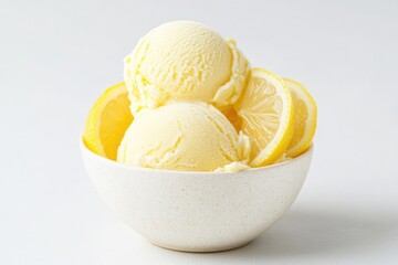Lemon ice cream in bowl, white background. AI generated illustration.