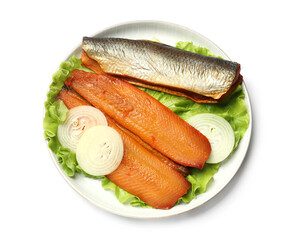 Delicious smoked herring fillets with onions and lettuce isolated on white, top view