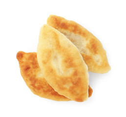 Delicious fried pyrizhky (stuffed pies) isolated on white, top view