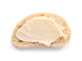 Piece of bread with butter isolated on white, top view