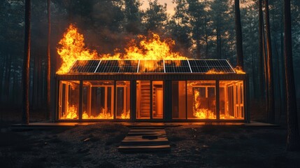 Fototapeta premium Burning Modern House with Solar Panels in Forest at Night