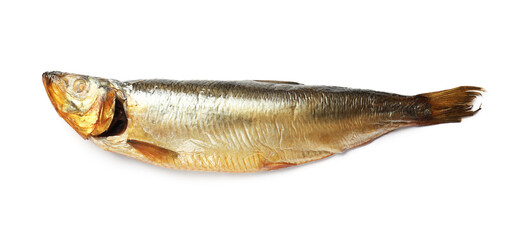 One tasty smoked herring on white background, top view