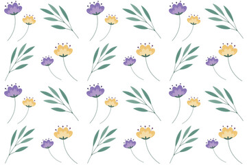 Seamless pattern with flowers on white  background.Floral spring backdrop.Texture with simple flat flowers and twigs.Pattern for fabric,textile,wrapping,post cards,design.Vector illustration.