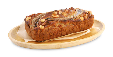 Homemade banana bread with nuts isolated on white