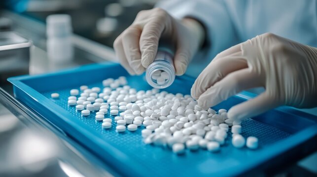 Pharmacist counts white pills on a sterile tray for precise medication dispensing in a pharmacy setting