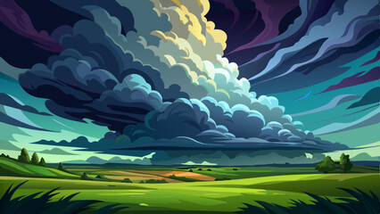 Very beautiful Acaptivating view of dark, dramatic storm clouds rolling over a vast green field, creating a unique contrast and a sense of impending weather changes in nature.