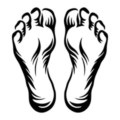 Stylized graphic representation of two human feet soles in black and white