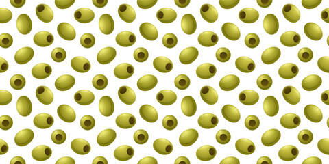 Seamless pattern of green olives. Tasty and fresh snack background for packaging, kitchen textiles, Mediterranean food branding or healthy eating design.