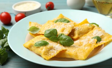 Delicious ravioli with cheese and basil served on light blue wooden table, closeup