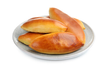 Many tasty baked patties isolated on white