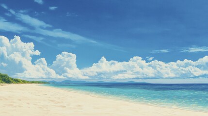 Idyllic seaside landscape with sandy beach, clear turquoise water, fluffy clouds, and tropical vegetation on a bright day