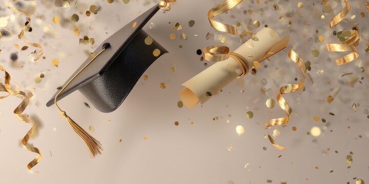 Graduation-themed visual representing academic achievement, celebration, and new beginnings. Includes elements such as caps, diplomas, students, and festive details, ideal for educational, promotional