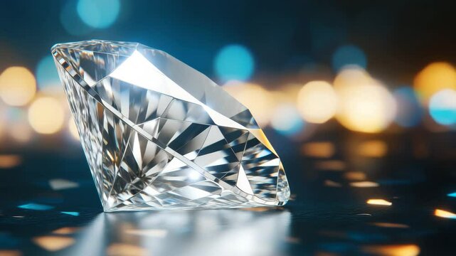 A brilliant, transparent diamond crystal jewel, a precious gemstone reflecting light on a deep blue background