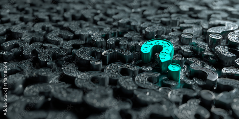 Poster Teal question mark stands out among many dark gray question marks, symbolizing unique solution or finding answers among many choices