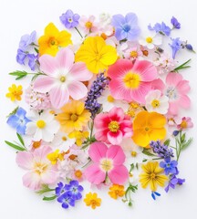 A colorful assortment of flowers in shades of pink, yellow, blue, and white, arranged on a white background