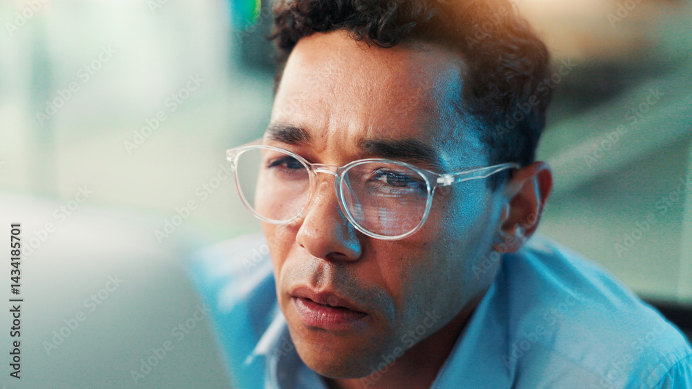 Fototapete Computer, glasses and developer with business man cyber security, network domain and programmer. Server encryption, tech startup and problem solving with person reading in IT firm for VPN system