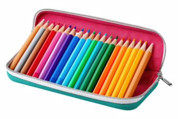 Back to School Pencil Case Showcase Colorful Pencils and Markers in a Bright Classroom Environment, Isolated on Transparent Background