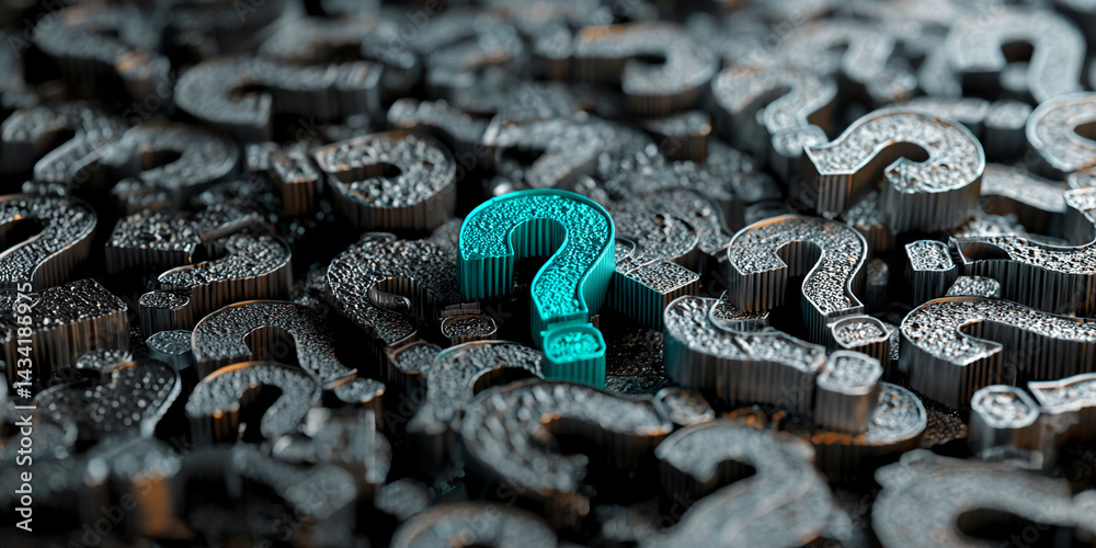 Poster Teal question mark stands out among numerous dark gray textured question marks, symbolizing unique solution, finding answers, problem-solving, or standing out from the crowd