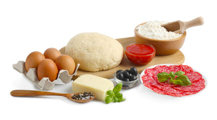 Making pizza. Different ingredients isolated on white