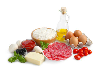 Making pizza. Different ingredients isolated on white