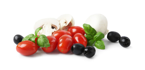 Making pizza. Different ingredients isolated on white