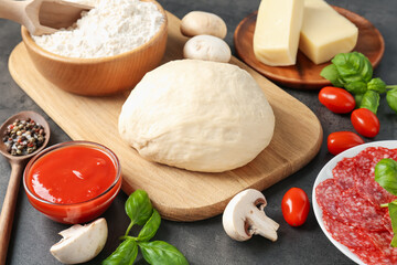 Making pizza. Different ingredients on gray textured table, closeup