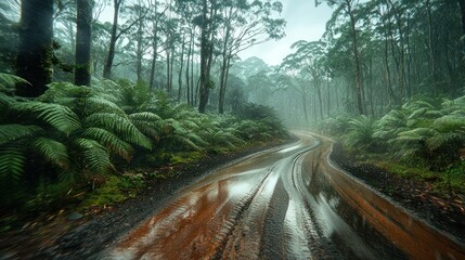Fototapeta premium Misty, winding forest road