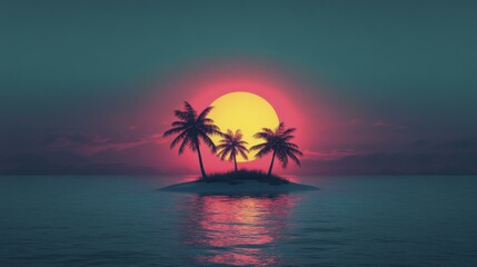 Fototapeta premium Island with Palm Trees Against a Backdrop of Vibrant Sunset Colors Reflecting in the Ocean Waterscape Scenery