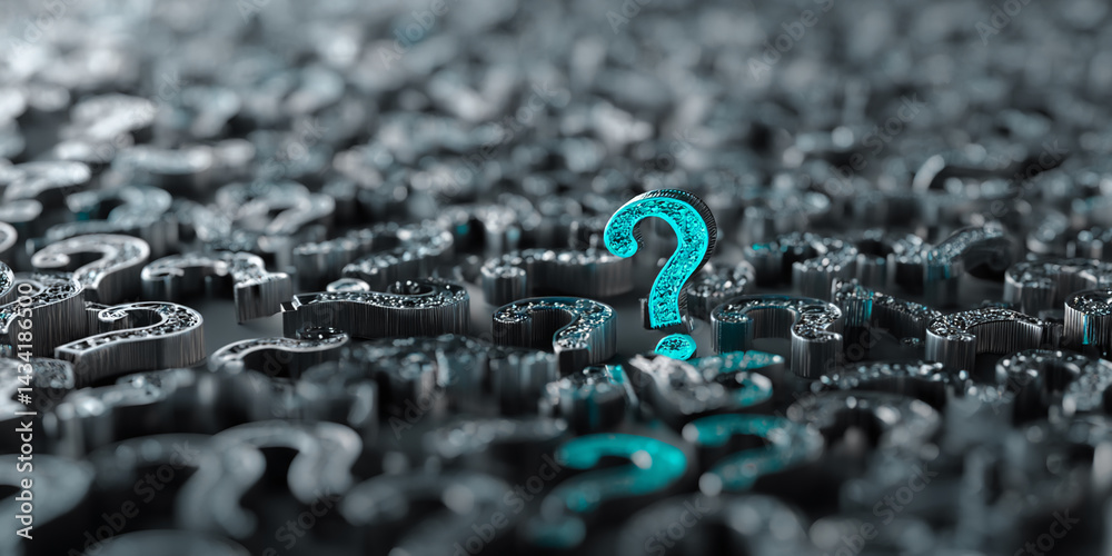 Poster Teal question mark stands out among many gray question marks, symbolizing unique solution or finding answers, perfect for problem-solving or brainstorming concepts