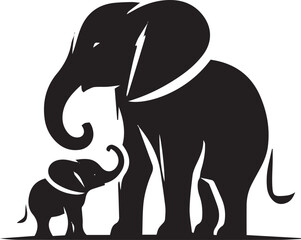 Fototapeta premium Baby Elephant Holding Adult’s Tail Silhouette Vector – Family Bonding Wildlife Animal Illustration
