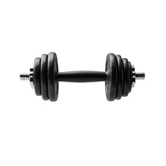 Fototapeta premium Floating black dumbbell on a solid white background