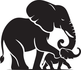Obraz premium Baby Elephant Holding Adult’s Tail Silhouette Vector – Family Bonding Wildlife Animal Illustration