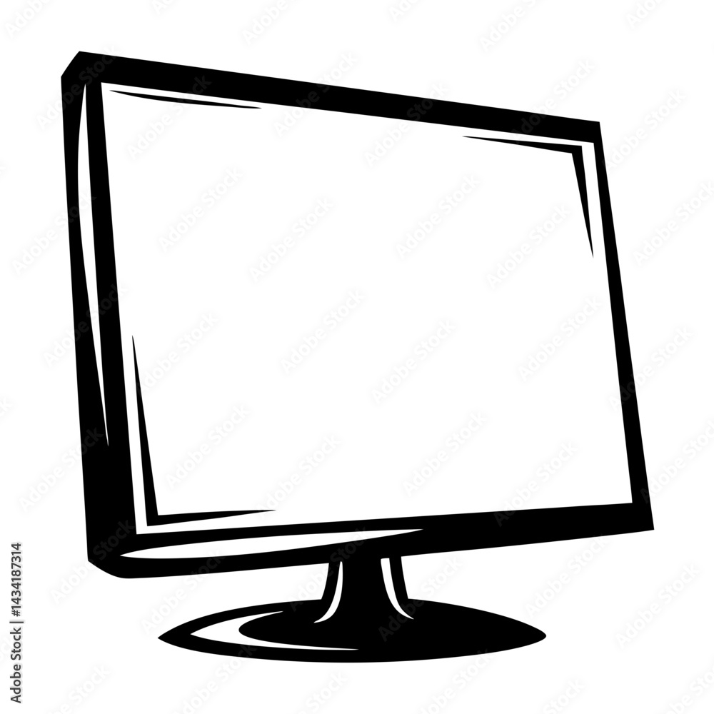Poster monochrome computer monitor standing tilted on its stand with empty screen