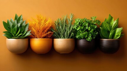 Five vibrant potted herbs displayed against a warm backdrop.