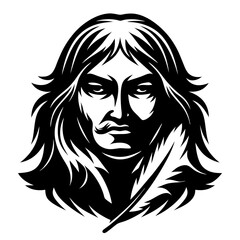 Dramatic Black and White Portrait of an Author with Quill and Long Hair