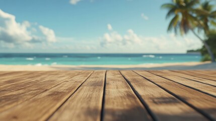 Wooden deck overlooks ocean, sand, and sky with soft clouds; tropical beach paradise scene under clear sunny skies