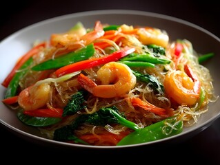 Stir-Fried Glass Noodles with Shrimp and Vegetables
, Delicious plate of stir-fried glass noodles with shrimp, snap peas, carrots, and vibrant vegetables, perfect for Asian cuisine lovers.
