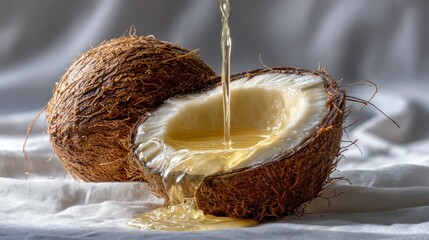Coconut oil pouring into a halved coconut