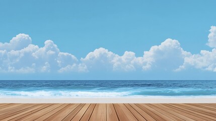 Fototapeta premium Seascape backdrop of blue ocean with light waves under cloudy sky and wooden decking, inviting calm and relaxation