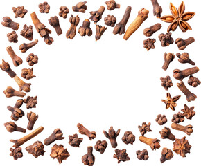 Culinary event cloves and spices arrangement kitchen food aerial view isolated on transparent background