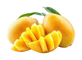 Delicious mangoes cut and whole tropical fruit bright environment isolated on transparent background