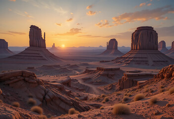 Majestic sunset over the stunning rock formations in Monument Valley, showcasing nature's beauty and tranquility at dusk