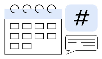 Calendar with blue header, metadata tag in a speech bubble symbolizing social trends, communication. Ideal for planning, social strategy, time management, scheduling, networking, events simple
