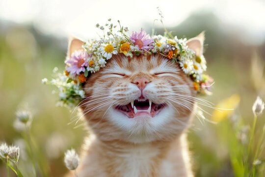 Cute adult cat pixiebob wearing primal flower crown on its head. Soft daylight. Summertime happiness. Cheerful cat in nature. Happy little kitten. Pet&acirc;&euro;&trade;s outdoor adventure. Summer joy for pe.