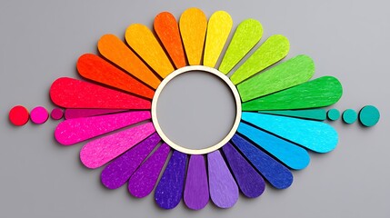 Obraz premium A colorful wooden circle with a gray background, surrounded by petals of the same color, and small circles in the same colors on either side