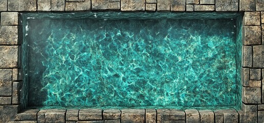 Aerial view of an outdoor pool with crystal-clear turquoise water. The rectangular pool is filled with bright blue water and surrounded by light gray stone tiles. There's space below for text or graph